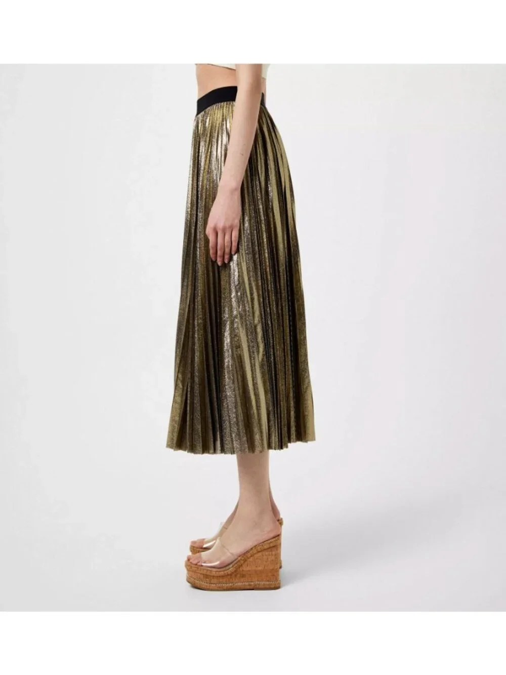 Max Mara Weekend Nurra Metallic Pleated Midi Skirt Gold Pull On A-Line US Medium